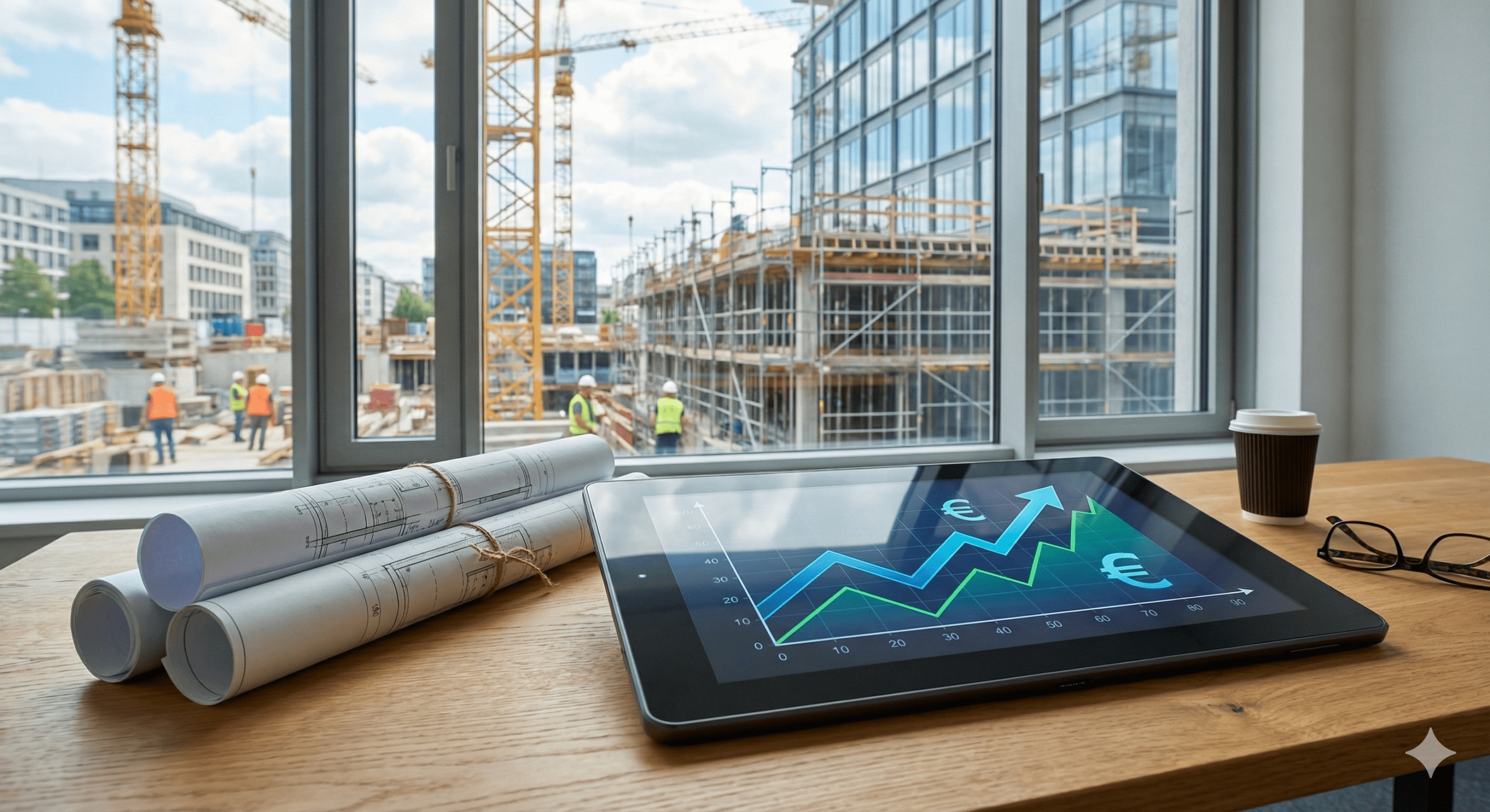 Tablet zeigt eine steigende Euro-Finanzkurve auf einem Schreibtisch mit Bauplänen, im Hintergrund ist eine aktive Großbaustelle durch ein Fenster zu sehen.