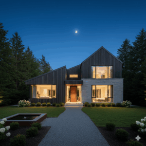 Modernes Neubau-Haus mit dunkler Holzfassade und großen, beleuchteten Fenstern in einem gepflegten Garten zur blauen Stunde.