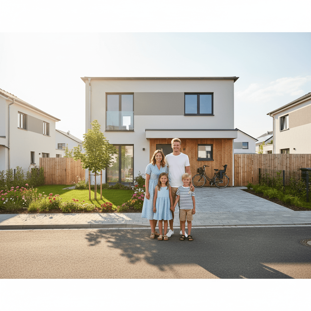 Glückliche junge Familie mit zwei Kindern vor ihrem modernen Einfamilienhaus in einer deutschen Vorstadt.