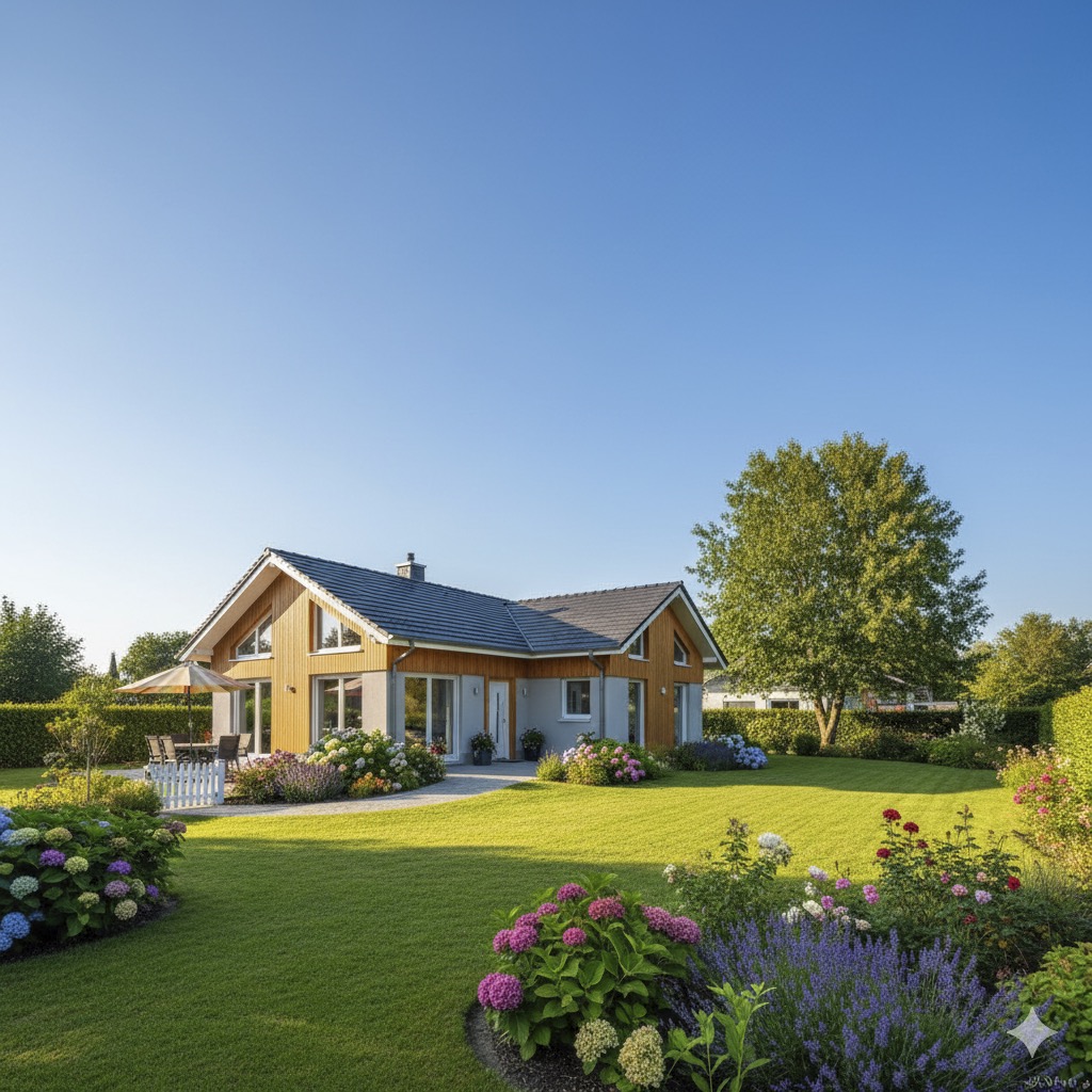 Modernes Einfamilienhaus mit gepflegtem Garten unter blauem Himmel – Symbol für eine sichere Anschlussfinanzierung und Wohneigentum.