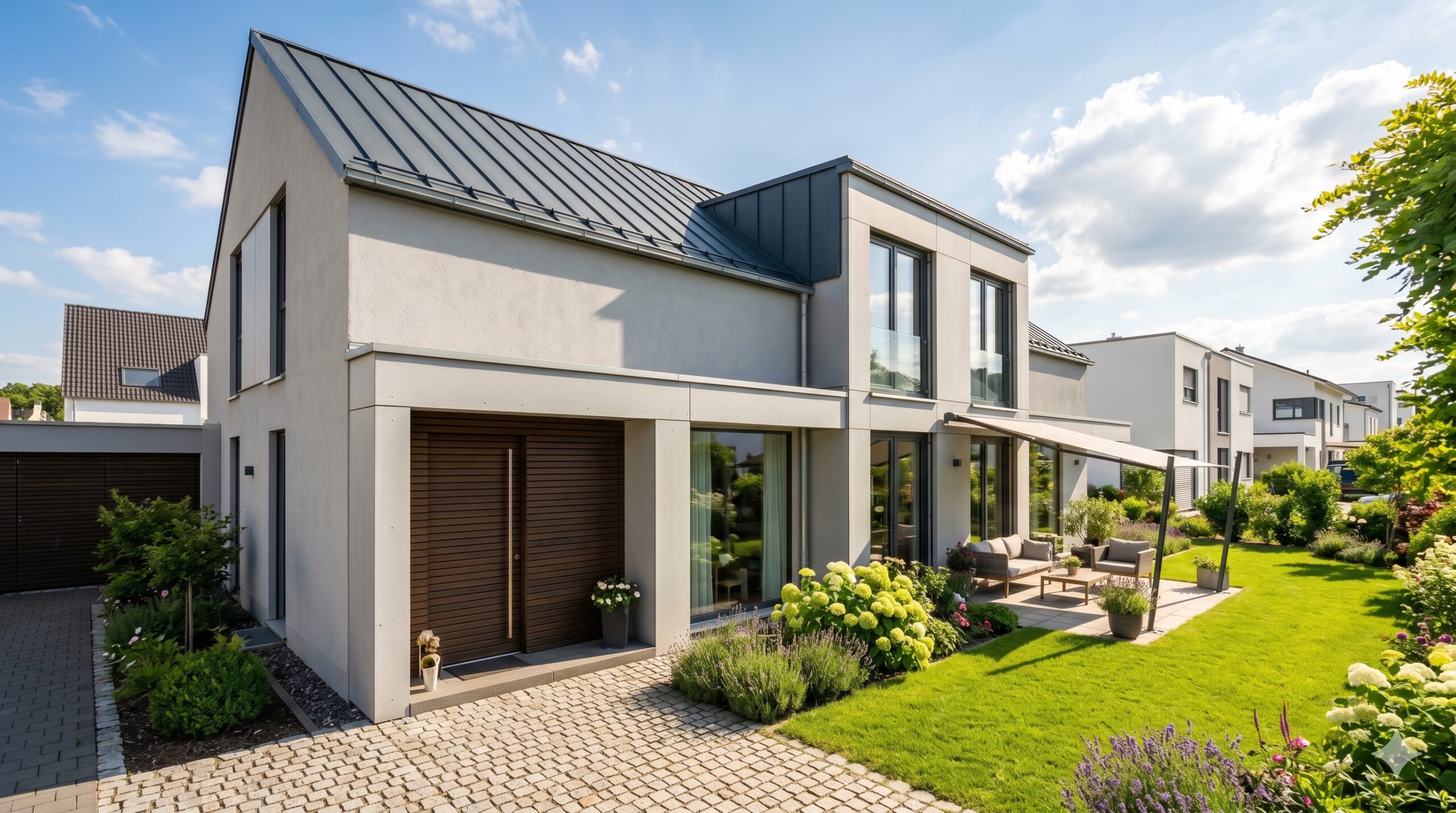 Moderne Doppelhaushälfte mit Garten in Deutschland – Symbolbild für erfolgreiche Baufinanzierung 2026 trotz anfänglicher Ablehnung durch die Hausbank.