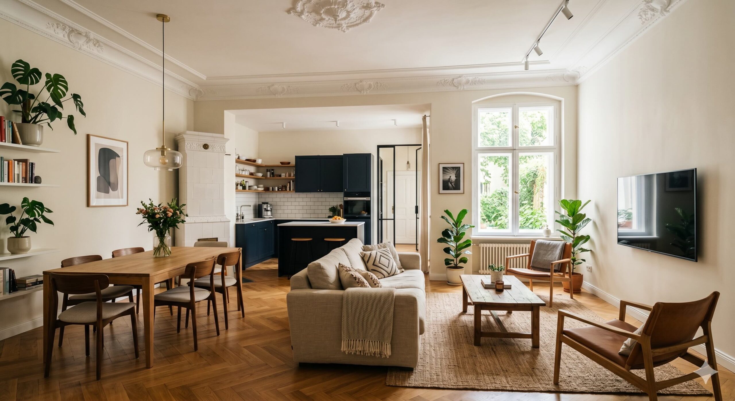 Modern renovierte Altbauwohnung mit Fischgrätparkett, Deckenstuck und offener dunkler Küche im skandinavischen Design.