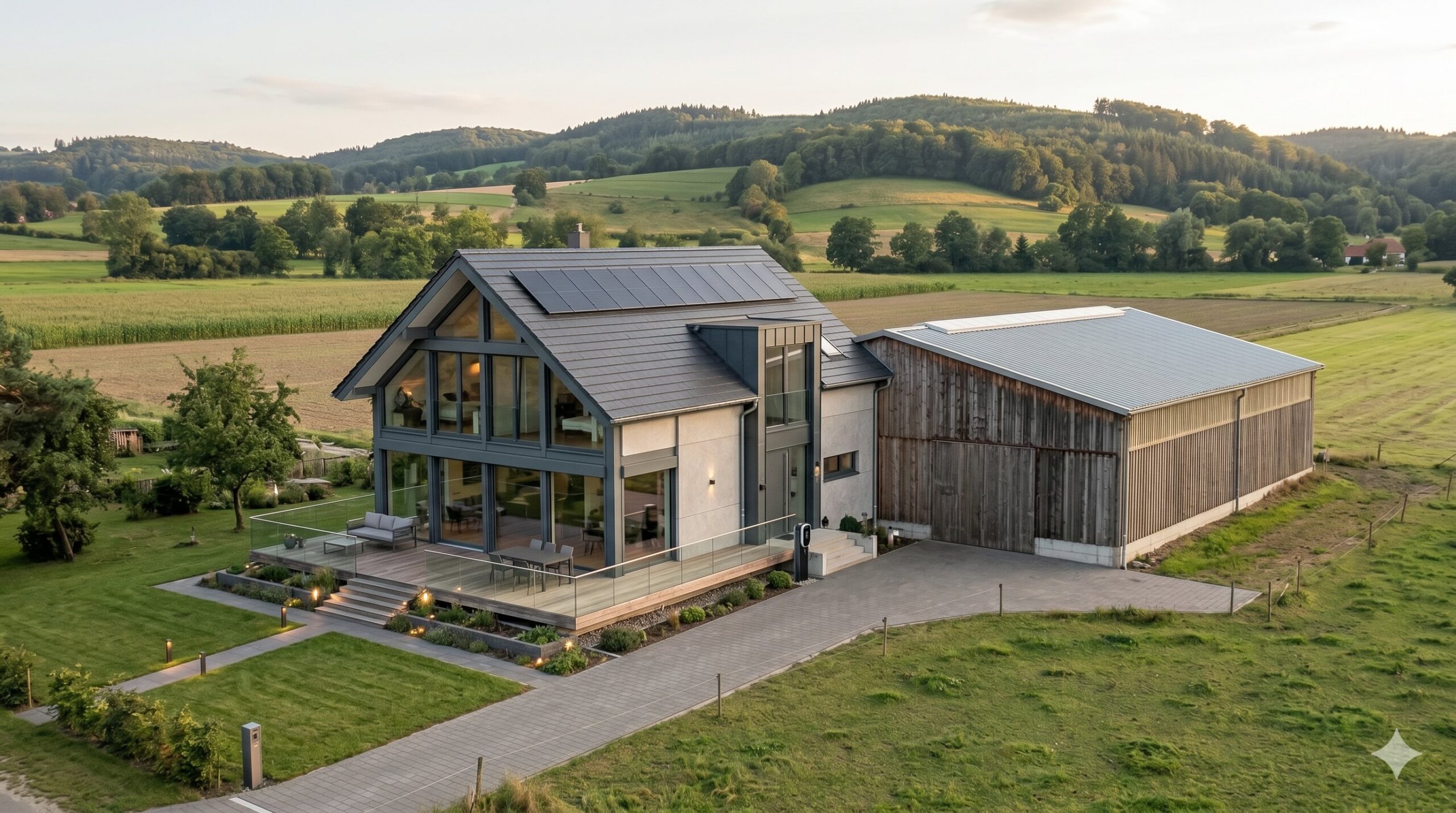 Modern renoviertes ehemaliges Bauernhaus mit Solaranlage und großer Holzscheune in einer hügeligen deutschen Landschaft bei Abendlicht.