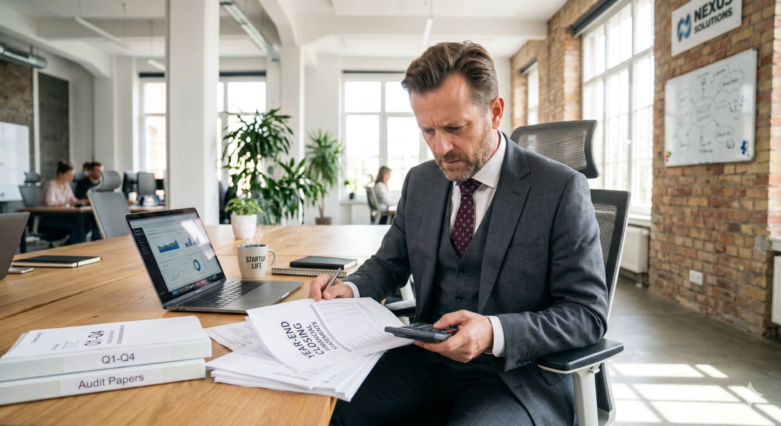 Fokussierter Unternehmer im modernen Start-up Büro prüft Jahresabschluss und BWA am Schreibtisch.