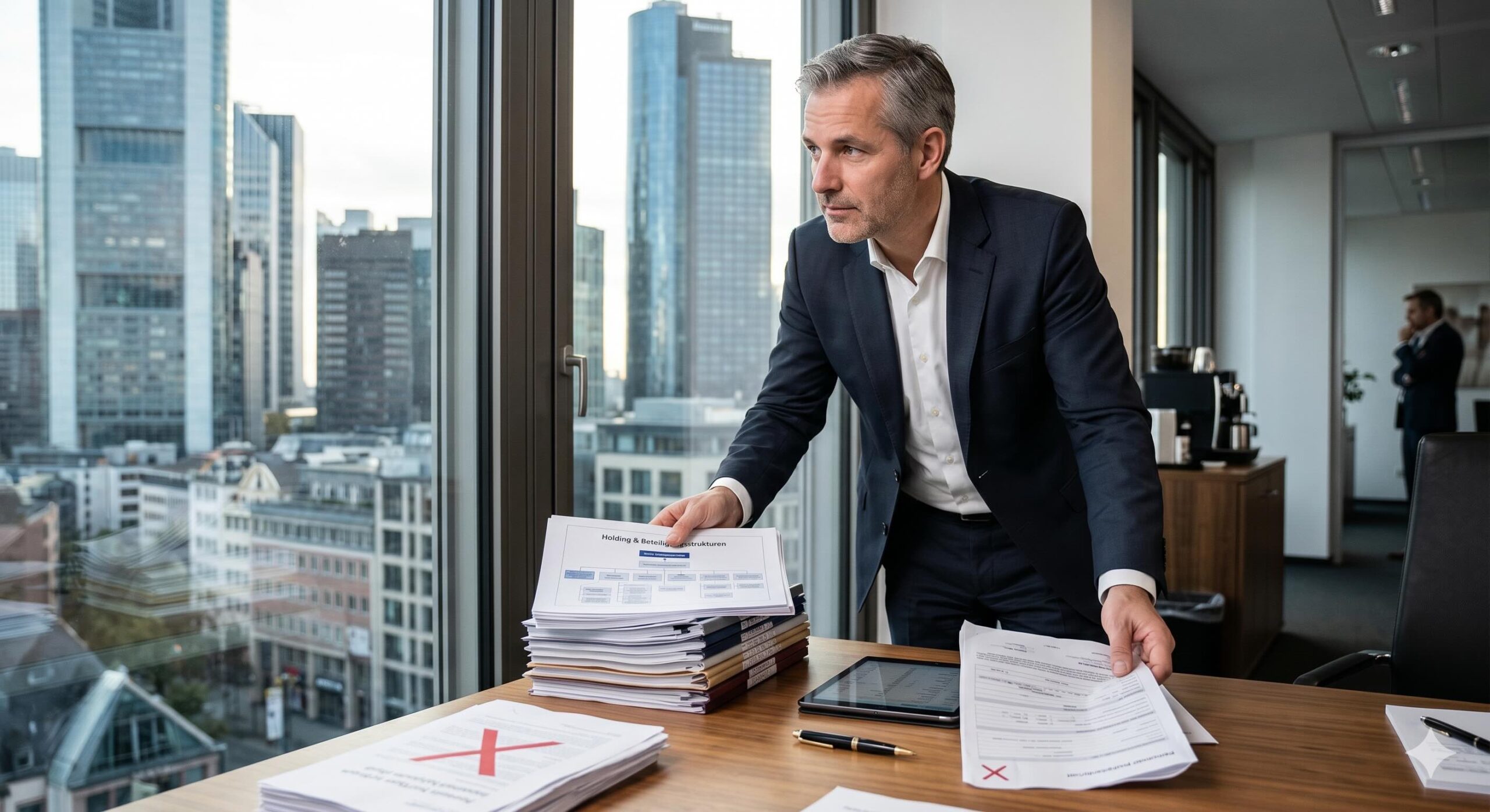 Geschäftsmann, GmbH-Gesellschafter, sitzt nachdenklich an einem Schreibtisch und betrachtet ein abgelehntes Baufinanzierungs-Dokument mit einem roten X, was die Schwierigkeiten bei der Kreditvergabe für GGFs illustriert.