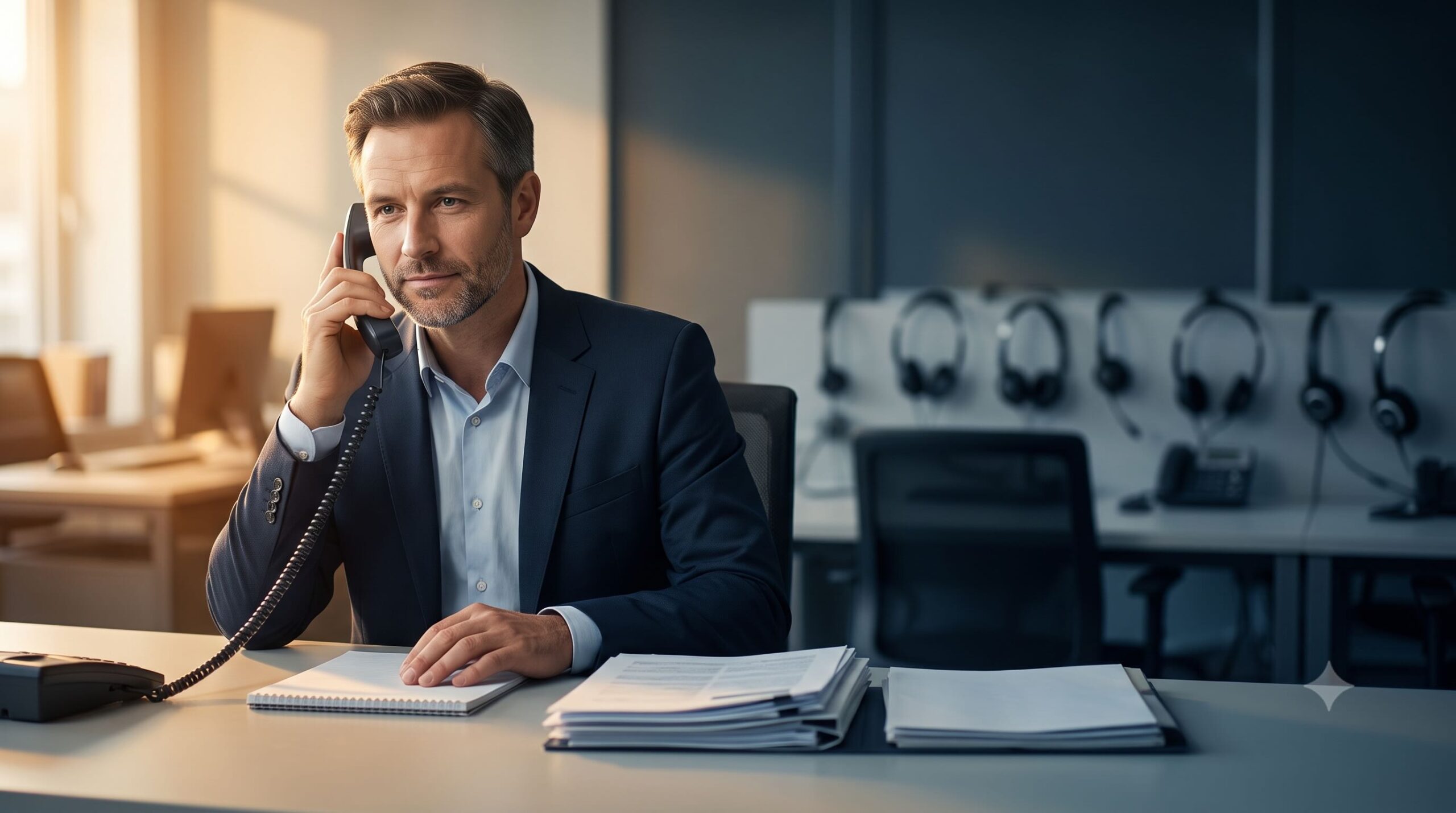 Finanzierungsberater Oliver Urban telefoniert persönlich am Schreibtisch mit Unterlagen vor einer Callcenter-Kulisse.