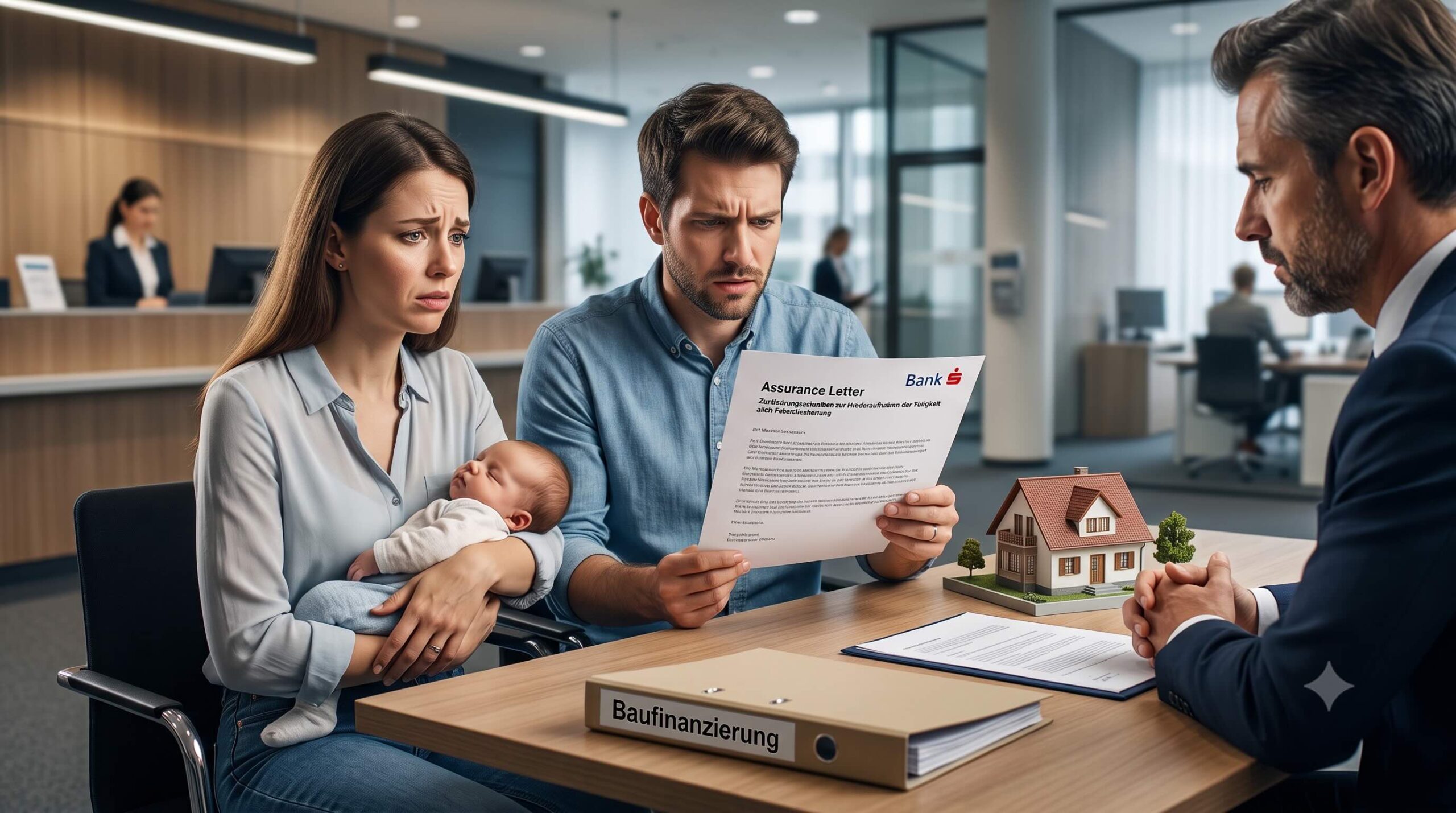 Eine junge Familie mit Baby bespricht glücklich die Zusage ihrer Baufinanzierung trotz Elternzeit am Schreibtisch.