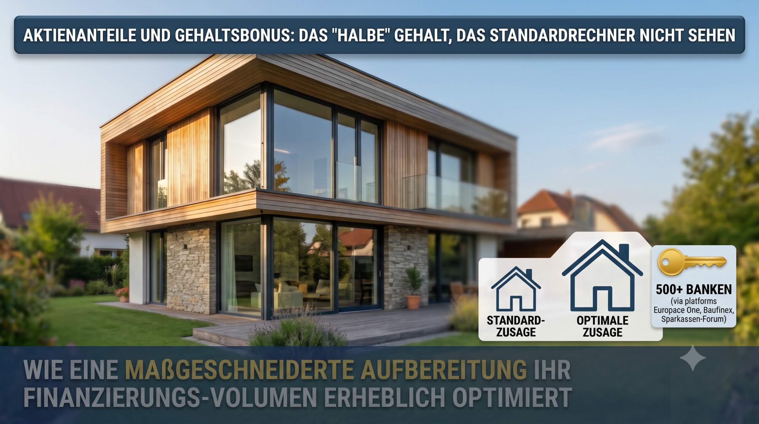 Ein modernes Wohnhaus mit einem Titel zur Baufinanzierung bei variabler Vergütung durch Aktienanteile und Gehaltsbonus.