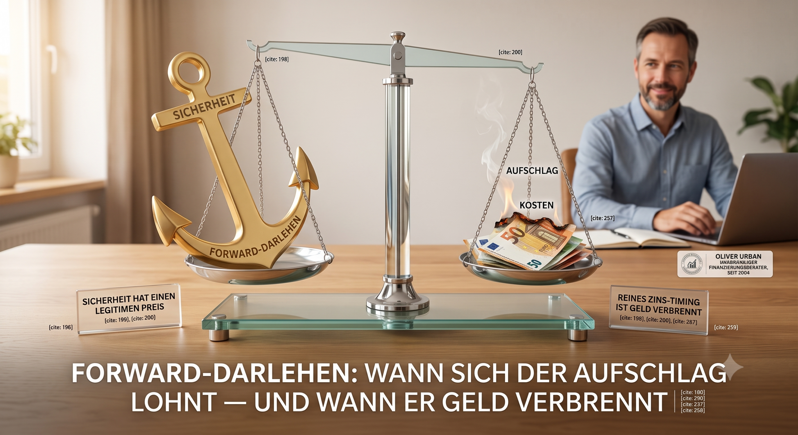 Eine moderne Waage vergleicht ein Forward-Darlehen als goldenen Anker für Sicherheit mit den Kosten brennender Geldscheine.