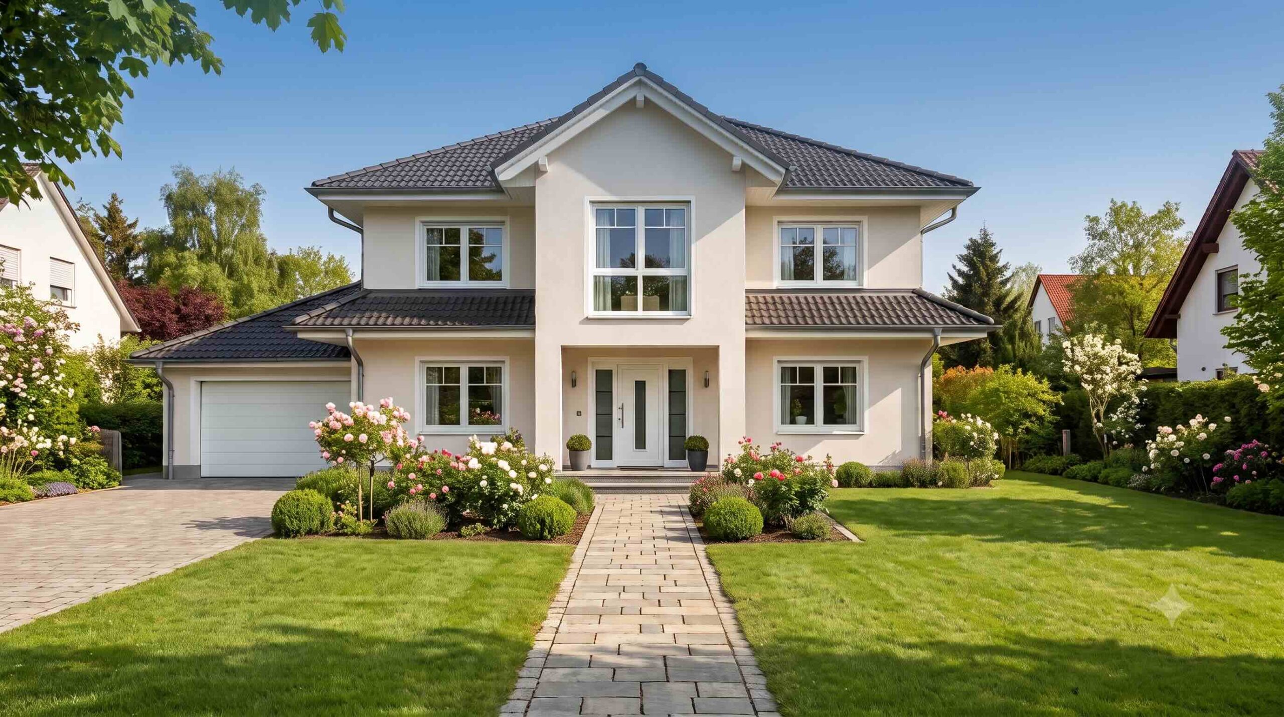 Ein modernes Wohnhaus mit Pool und einer blauen Titelzeile zum Thema Beleihungswert zu niedrig bei der Bank.